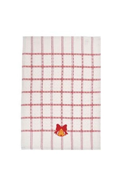 SHOPIENS Kitchen Towel White Red Checkered with Embroidered Bell Christmas 60 x 40 cm