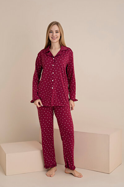 rindahomewear Women's Printed Milan Knitted Long Sleeve Buttoned Pajama Set with Ruffle Detail on Sleeves and Legs