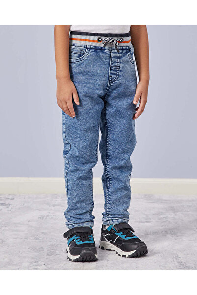 REDTAG Boys Blue Lined Rib Waist Pullon Jeans