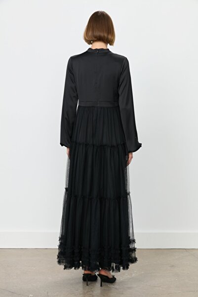 Nihan Büzgü Detaylı Tül Elbise Siyah