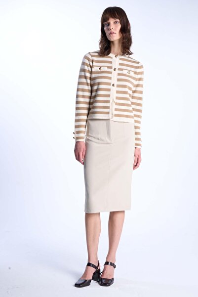 SHERIN Pulover din tricot cu dungi cu detaliu cu nasturi Camel