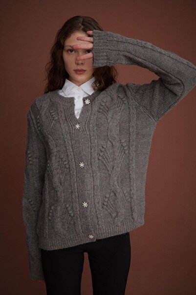 Nihan Taş Düğmeli Saç Örgülü Triko Hırka Antrasit