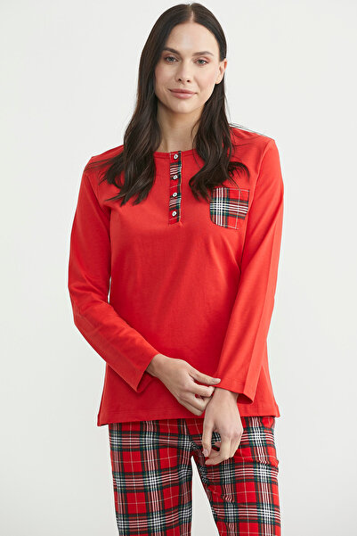 Sementa Plain Combination Plaid Cotton Pajama Set - Red