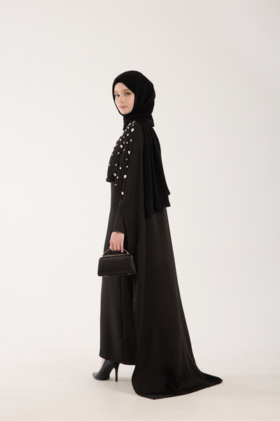 Marles Women's Black Hijab Evening Dress with Stone Embroidered Cape on the Front