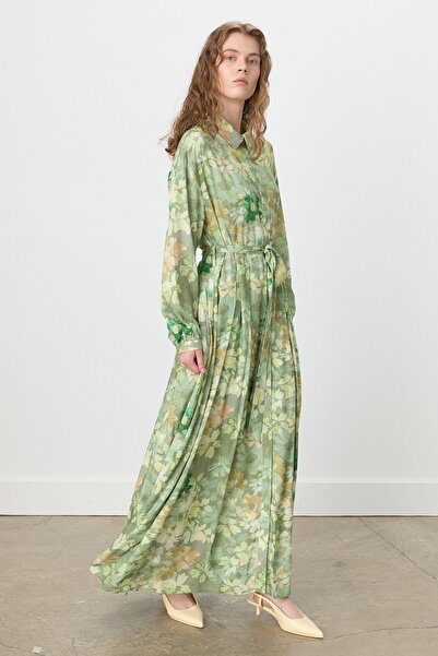 Nihan Önden Düğmeli Gömlek Yaka Empirme Elbise Haki