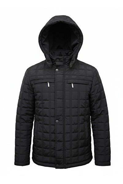 BERMUDA Erkek Siyah Kapüşonlu İçi Kürklü Şişme Su İtici Rüzgar Geçirmez Mont