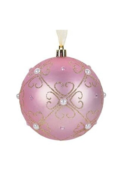 SHOPIENS Ornament de Crăciun pentru brad - Globă roz mat cu model floral auri...
