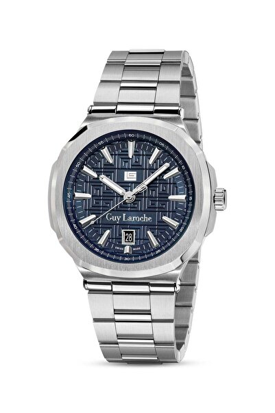 Guy Laroche Charlie Men's 45mm Swiss Made Watch with Blue Dial & Silver Stainless Steel Bracelet