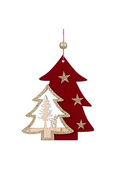 SHOPIENS Кадифе червена дървена коледна украса с бежов брокат, 12 см