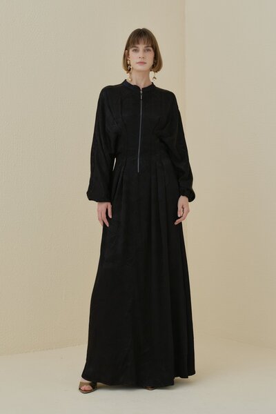 Nihan Önden Fermuarlı Jakar Elbise Siyah