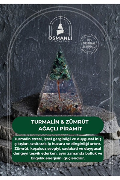OSMANLI DOĞAL TAŞ Sertifikalı Turmalin & Zümrüt Ağaçlı Piramit
