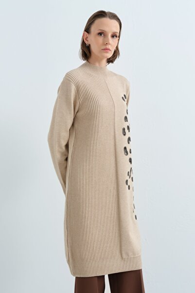 Nihan Tek Tarafı Payet Desenli Triko Elbise Haki