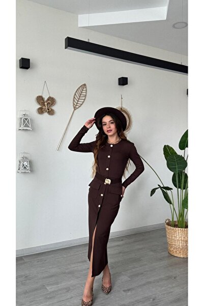 modadagiyim Slit Premium Model Midi Very Stylish Dress with Special Button Buckle Detail and Pockets