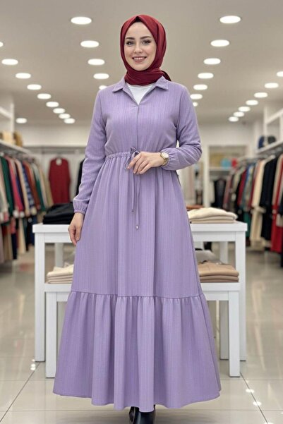 Tesettür Diyarı Drawstring Waist Comfortable Fit Hijab Dress-Lilac