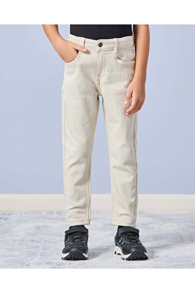 REDTAG Boys Cream Colored Knitted 5 Pocket Jeans