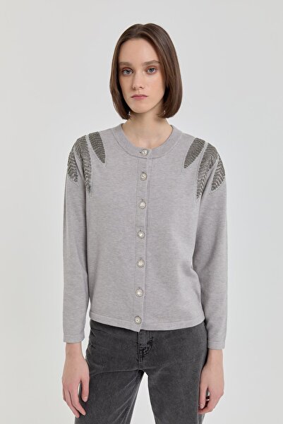 Nihan Omuzları Taşlı Kısa Triko Hırka Gri