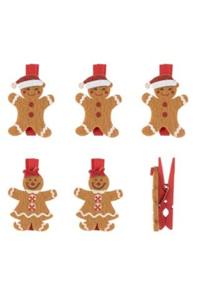 Silver Star Clești decorativi de rufe din lemn pentru Crăciun cu figurine de turtă dulce și om de zăpadă - 6 buc