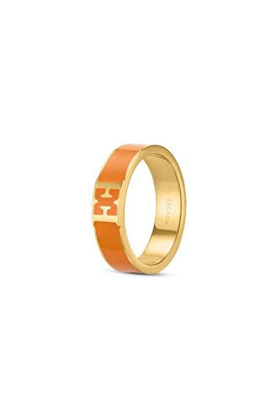 Escada Scarlett Gold Plated Ring with Logo Cutout and Orange Enamel Accent
