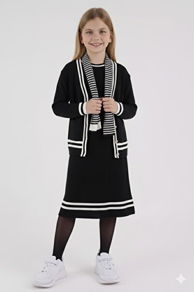 NEWCO Ριγέ Λεπτομερές φόρεμα και παιδικό πλεκτό φόρεμα με λεπτομέρεια με κουμπιά στον μήκος του γόνατου -323433