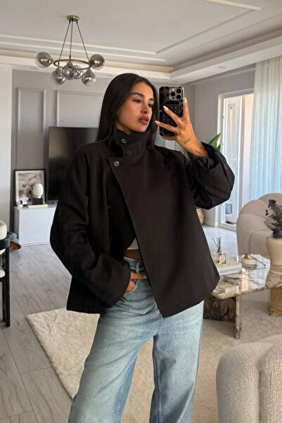 WomanStyle Siyah Dik Yaka Mevsimlik Orta Boy Trençkot