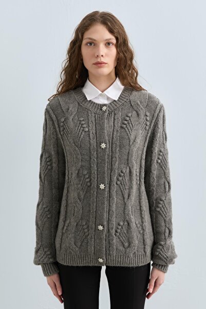 Nihan Taş Düğmeli Saç Örgülü Triko Hırka Antrasit