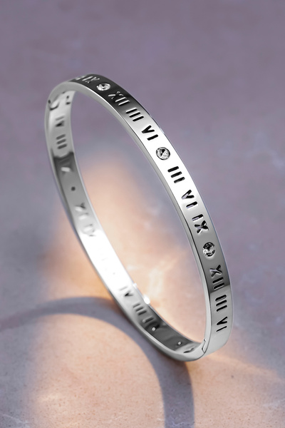 OSMANLI GÜMÜŞ Women's Steel Bracelet - Roman Numeral Zircon Stone Handcuff Model