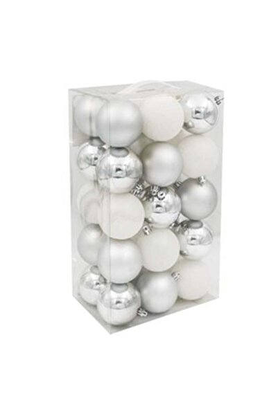 SHOPIENS Set globuri de Crăciun alb-argintiu mat cu sclipici 7 cm - 30 buc