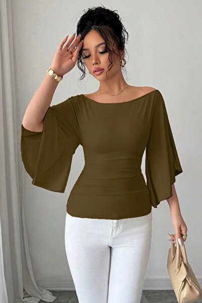 COOL TARZ Women's White Boat Neck Flare Sleeve Draped Fit Blouse