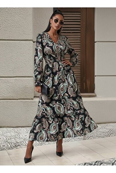 JANES Γυναικείο μακρυμάνικο φόρεμα διπλό πέτο με λαιμόκοψη και ελαστική μέση ...