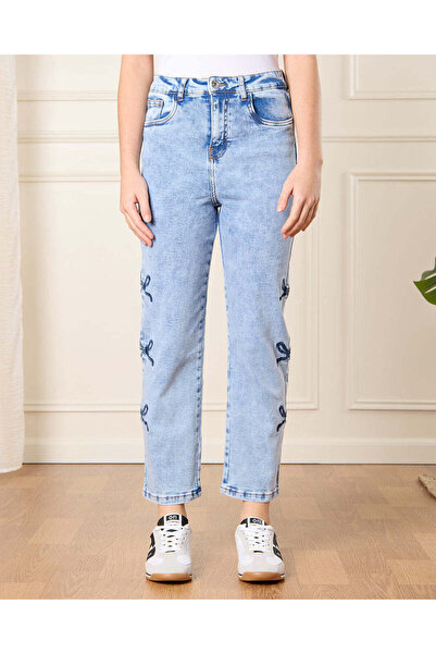 REDTAG Senior Girls Blue Bow Embroidered Jeans
