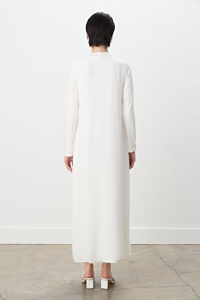 Nihan Önü Şifonlu Penye Elbise Ekru