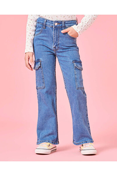 REDTAG Girls Blue Cargo Pocket Flared Jeans