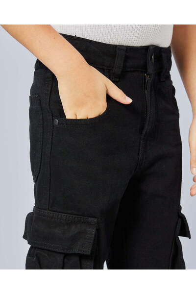 REDTAG Boys Black Plain Cargo Pocket Jeans