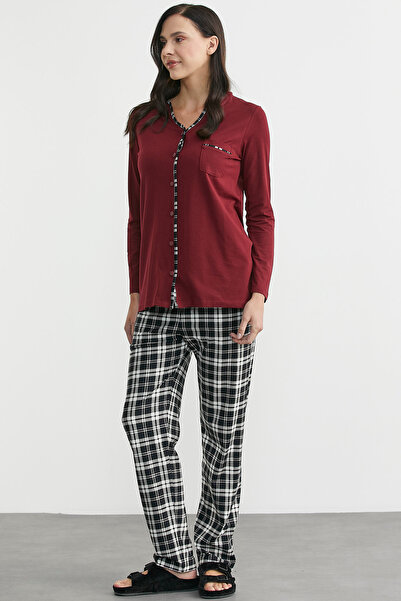 Sementa Plaid Combination Buttoned Pajama Set - Burgundy