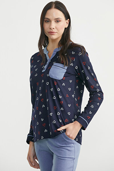 Sementa Patterned Collar Detailed Pajama Set - Navy Blue