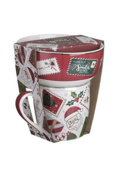 SHOPIENS Set cană și bol de Crăciun, ceramică vișinie cu model cu litera lui ...