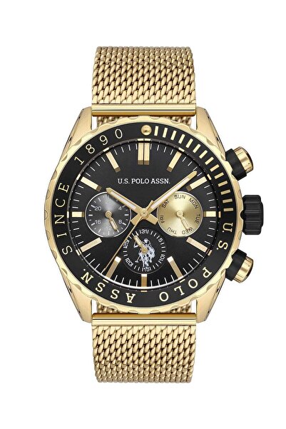 U.S. Polo Assn. USPA Analog Watch For Men With Black Dial And Gold Mesh Band ...