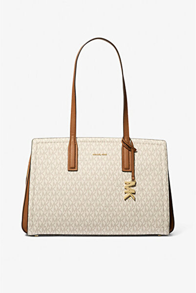 Michael Kors Women's Laila Medium Size Signed Logo Tote Shoulder Bag - Cream