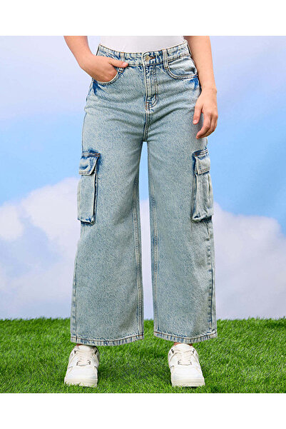 REDTAG Senior Girls Blue Cargo Pocket Jeans