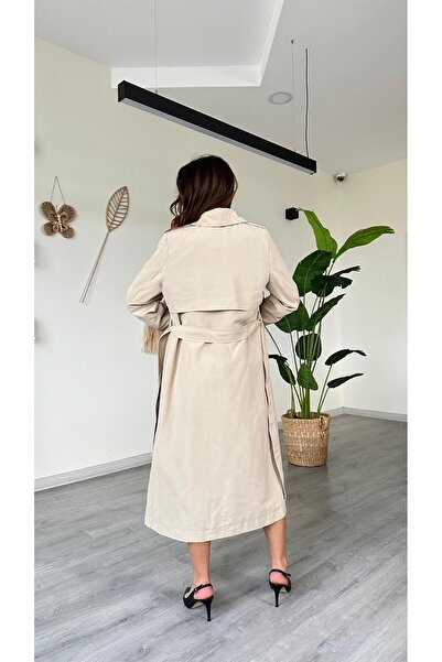 modadagiyim Women's Double-Breasted Collar Waist-Tied Belted Premium Trench Coat