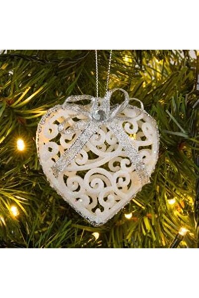 SHOPIENS Комплект коледни украси - бели сърца със сребърна панделка и бяло ка...