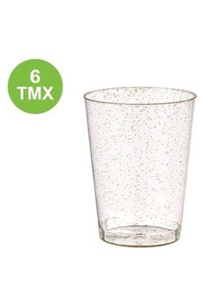 SHOPIENS Reusable Transparent Plastic Cups with Gold Glitter for Water 300 ml - 6 pcs