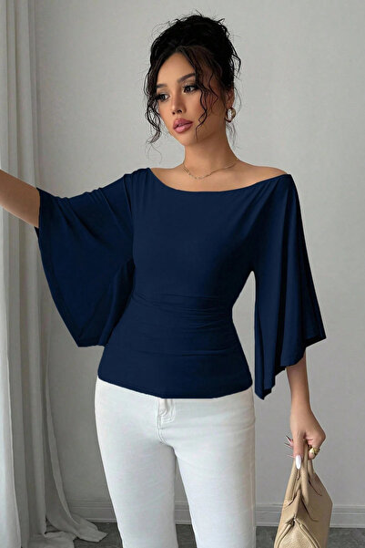 COOL TARZ Women's White Boat Neck Flare Sleeve Draped Fit Blouse