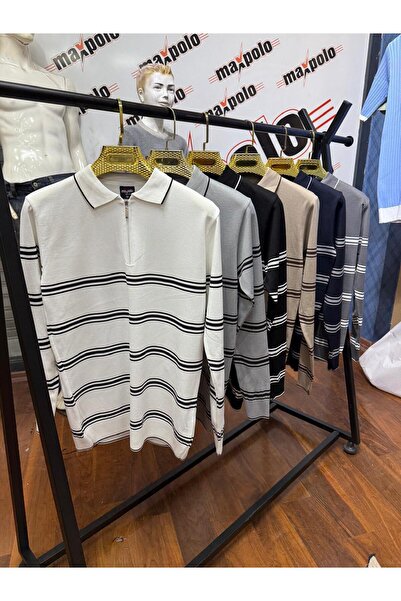 ANATOLIATEKSTILE Men's Sweater – Striped Pattern, Short Zipper, Elegant Casual Style