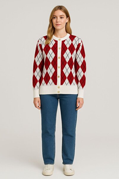 Sfg Life Moda Women's Diamond Patterned Jacket Cardigan with Gold Buttons on the Front