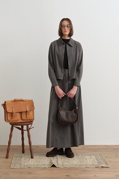 Nihan Cep Detaylı Denim Etek Ceket Takım Füme