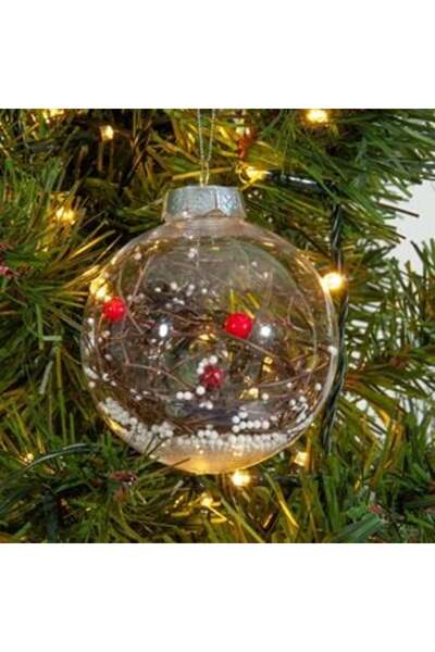 SHOPIENS Ornament de Crăciun - Glob transparent cu crenguță albă și fructe de pădure, 8 cm