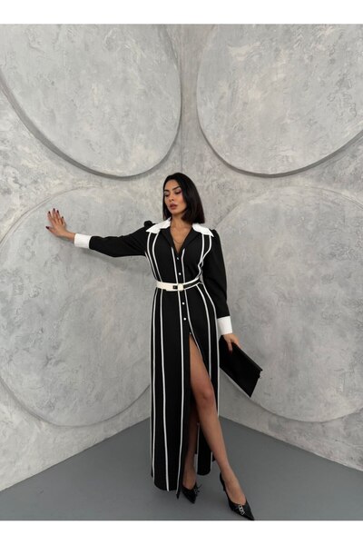 suphias Atlas Fabric Dress with Front Buckle (Including Belt) Black -42166