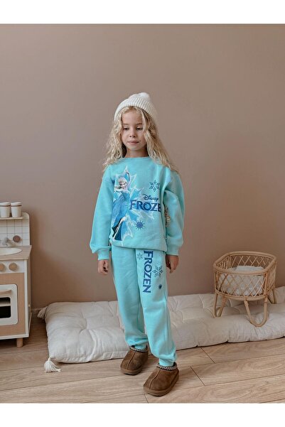 WİKİBOOM Barbosa Sweatshirt - Pants Frozen Snow Queen Printed Fleece-Lined Eşortman Takımı -Girl Child