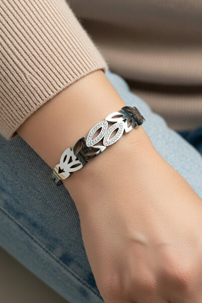 Modacaprea Çelik Taşlı Yaprak Kadın Kelepçe Bileklik – 18 Cm Kelepçeli Bilekl...